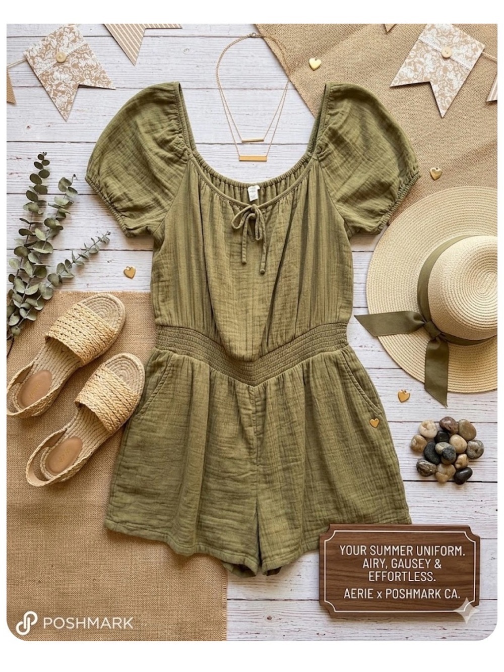 aerie Olive Green Puff-Sleeve Romper Shorts